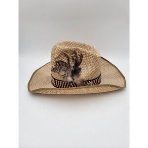 Vtg‎ Dorfman Pacific Straw Cowboy Hat Feathers W/ extra Band Western DPC Large?